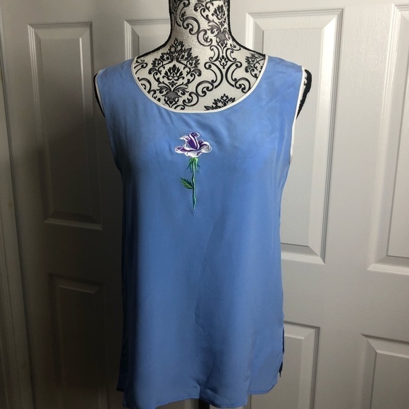 Bob Mackie Blue Flower Sleeveless Silk Top S - Picture 1 of 4